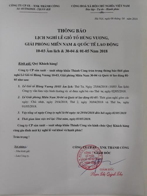 VIC GROUP thông báo lịch nghỉ Lễ Giỗ tổ Hùng Vương , 30/4 - 1 /5. 